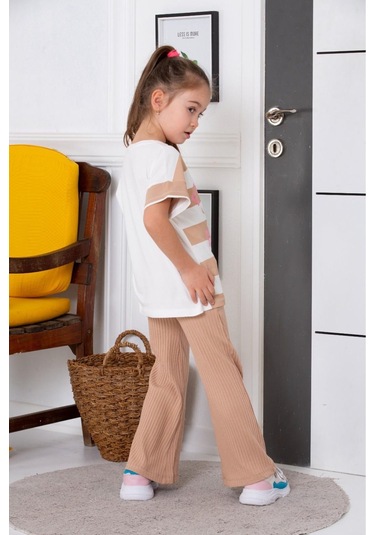 Oversize İspanyol Paça Kız Çocuk Takım Bej