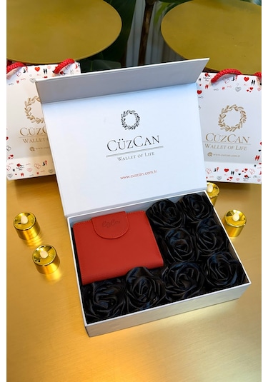 Premium Gift Rose Box - Miosa Kırmızı Hakiki Deri Kadın Cüzdan Siyah Gül Kutusu Kırmızı-siyah