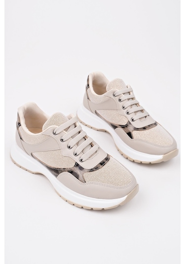 Muggo Melody Kadın Kalın Taban Günlük Leopar Desenli Bağcıklı Sneaker Spor Ayakkabı Ten