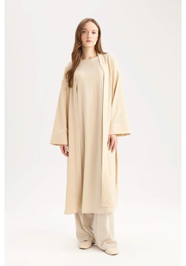DeFacto Relax Fit Şal Yaka Krinkıl Kumaş Uzun Kimono E1816AX25SPBG757 Bej