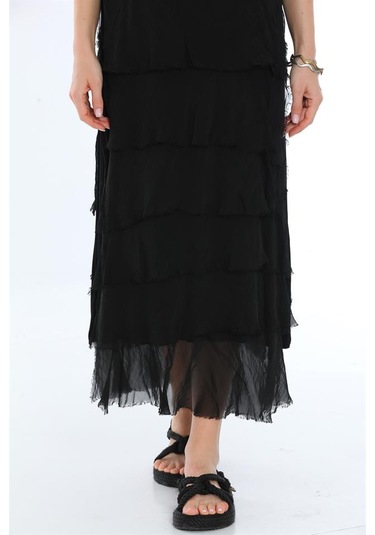 Italyan 2 Beden İnce Gösteren Kat Kat Kolsuz Ipek Elbise Siyah