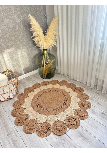 Natura El Dokuma Jüt Bohem Tarz Otantik Salon Oturma Odası Koridor Natural Halı Pamuklu Halı Kırcıllı-krem