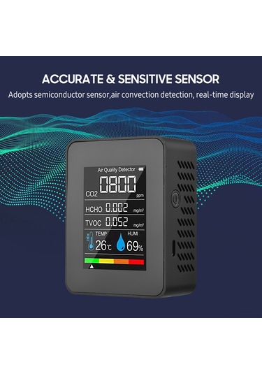 Springsun Hava Kalitesi Analizi Cihazı: Co2, Formaldehit Hcho , Tvoc, Sıcaklık Ve Nem Ölçer - Lcd Renkli Ekran, Yarıiletken Sensör, Dahili Batarya