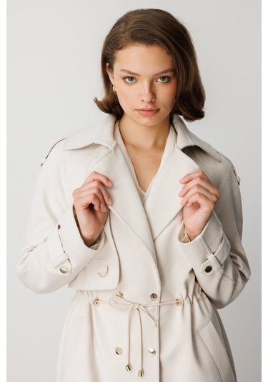 Ekol Kadın Beli Bağcıklı Apoletli Kaban 6037 Bej Bej