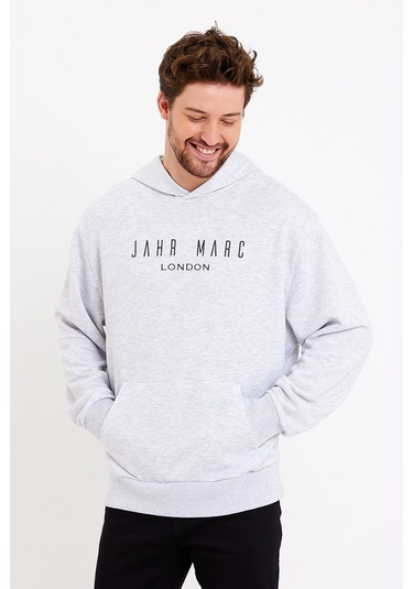 JAHR MARC Baskılı Kapüşonlu Gri Oversize Erkek Sweatshirt Gri
