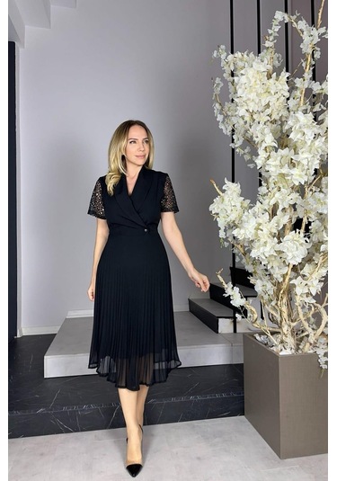 G0924 Kolları Dantel Piliseli Elbise Siyah-siyah