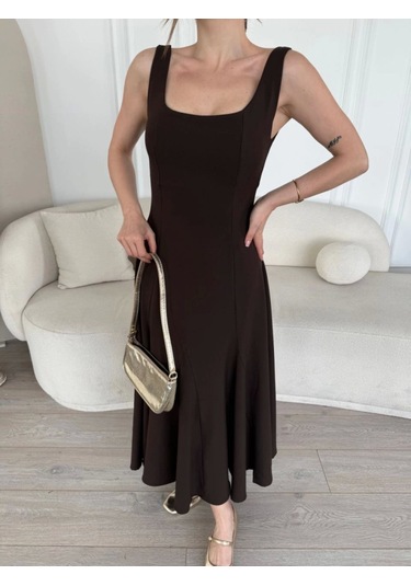 Sırt Dekolteli Kolsuz Uzun Elbise - Kahverengi Kahverengi