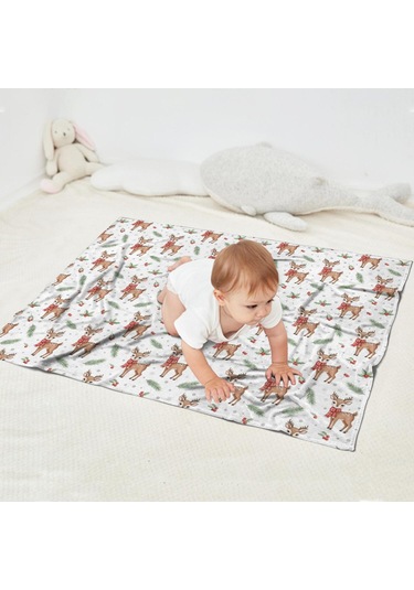 Noel Desenli Bebek Battaniyesi 40x30 İnç, Polar, Yumuşak, Hafif Ve Kalın Noel Geyik Kuzu Kızılcık
