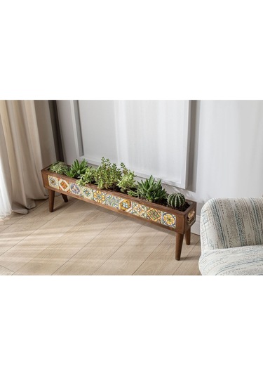 Halohope El Yapımı Ayaklı 10 Çinili Dekoratif Modern Ahşap Dikdörtgen Bahçe Balkon Saksı Saksılık Çiçeklik