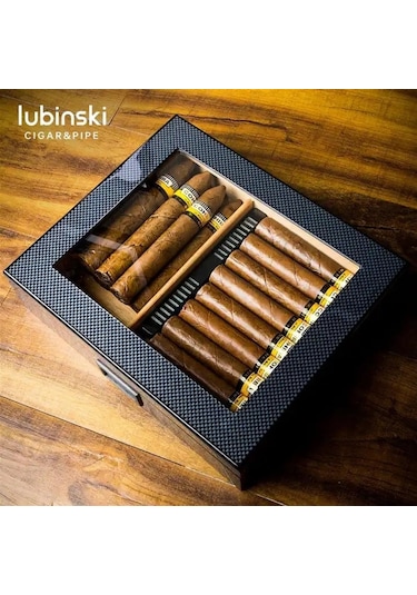 Lubinski Cedar Basic Camlı Puro Kutusu Humidor Slim Dijital Karbon 15s