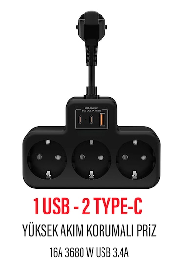 Çoklu Kablolu Priz -priz Çoğaltıcı-priz Dönüştürücü 1usb-2type-c