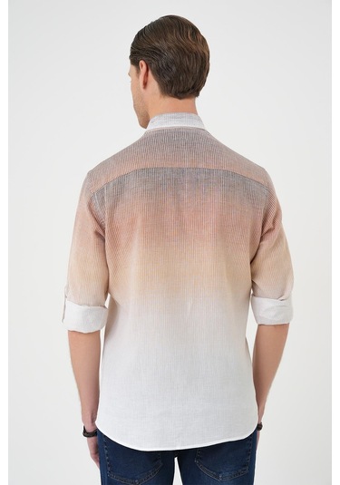 Comfort Fit Apoletli Degrade Desen Esnek Pamuk Bej Gömlek G 1575 Bej