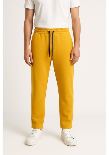 Erkek Düz Paça 3 İplik Şardonlu Rahat Kesim Premium Kumaş Eşofman Altı Sarı