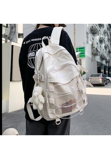 Novahub Bej Kore Tarzı Lise Sırt Çantası - Genç Kızlar İçin Moda Ve Konfor Bej