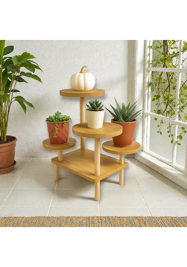 Daisy Çam Desenli Stand Ahşap Ayaklı Çiçeklik Saksılık Yuvarlak