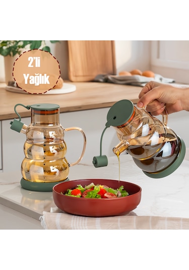 Porsima 3617 Kapaklı Borosilikat Cam 2li Yağlık Sirkelik Seti Yağdanlık Takımı 1000ml Yeşil Yeşil