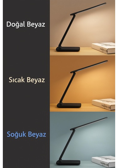 Şarjlı Masa Lambası 3 Renk Dokunmatik Telefon Standlı Kademeli Çalışma Okuma Işığı Lambası 9w Siyah Siyah