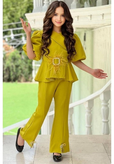 Riccotarz Kız Çocuk Fermuar Ve Kemer Detaylı Kruvaze Yaka Hardal Alt Üst Takım 001