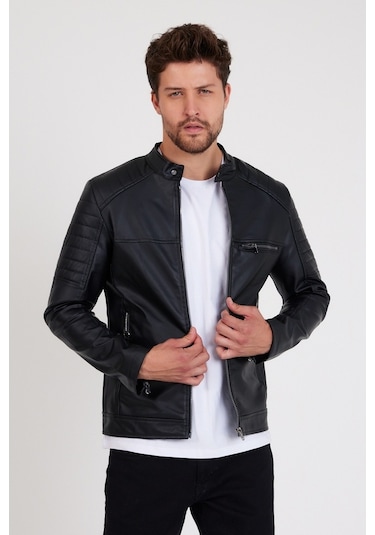 Mero Life Dar Kesim Erkek Deri Ceket Mont - Siyah