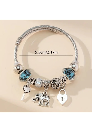 Worldshop Mavi Fil Kalp Anahtar Charm Bileklik