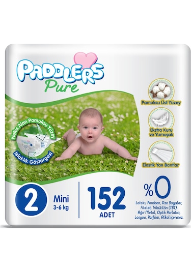 Paddlers Pure Bebek Bezi 2 Numara Mini 152 Adet (3-6 kg) Süper Fırsat Paketi