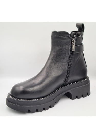 Mammamia D25kb-4185 Siyah Hakiki Deri Kalın Topuklu 5cm Fermuarlı Kadın Bot Siyah