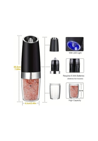 Dashanshop Siyah 2li Yerçekimi Elektrikli Tuz Ve Karabiber Değirmeni Seti, Led Işıklı Otomatik