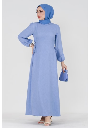 Yanı Bağcıklı Keten Elbise-bebe Mavi-3367-bebe Mavi Bebe Mavisi