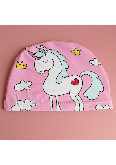 Geeroyoo Unicorn Desenli Krab Figürlü Unisex Çocuklar İçin Hafif, Dayanıklı, Konforlu Yüzme Şapkası Pembe