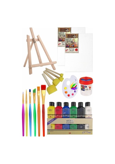 Mini Şövale 25x35 2 Li Tuval Artdeco 6 Renk Akrilik Boya Başlangıç Seti Fırça Palet Ponpon Su Kabı Masaüstü Sanatsal