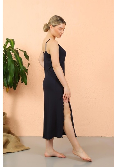 Akbeniz Kadın İp Askılı Yırtmaçlı Uzun Lacivert Gecelik 90119-lacivert Lacivert