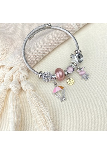 Charm Bileklik Tavşan Uçan Balon Figürlü Çelik Bileklik Gümüş Pembe Gümüş