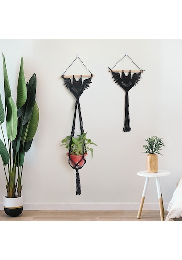 Qingmipy El Dokuma Yemeni Kanatlı Figürlü Bitki Asma Sepeti, Bej Uzun Tip Akrilik Örgü Duvar Dekoru Bej