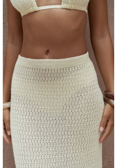 Pangestu Üçgen Sarı Crop Etek Triko Takım Sarı