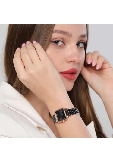 Minimal Kare Siyah Kadran Rose Gold Kasa Kadın Kol Saati Rose Gold