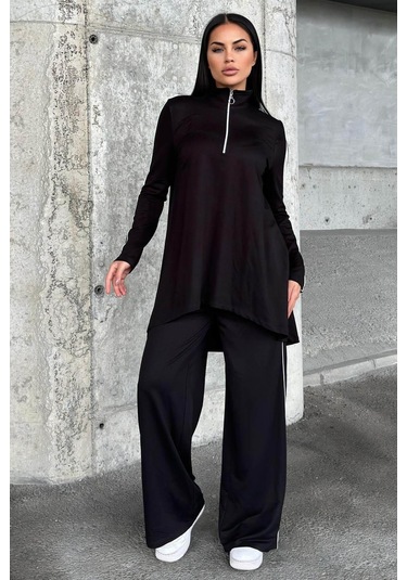 Siyah Asimetrik Kesim, Fermuarlı Bluz & Bol Paça Pantolon - Viskon İki İplik Kumaş Alt & Üst Takım Siyah