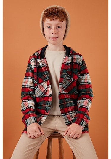 Lela Ekoseli Kapüşonlu Cepli Kışlık Oduncu Erkek Çocuk Gömlek Cf24W81779 Kırmızı-Yeşil
