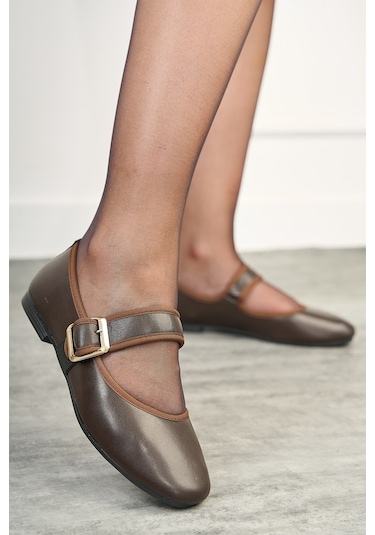 Günlük Bej Kadın Babet Oval Burun Tokalı Sade Kemer Kısa Topuklu Ev İş Ofis Hafif Ayakkabı 210 Acı Kahve