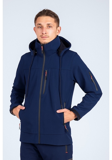 Suya Dayanıklı Slim Fit Softshell Kapüşonlu Erkek Mont Lacivert