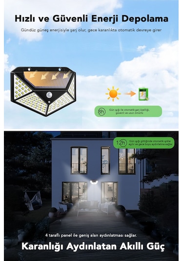 20 Adet Güneş Enerjili Duvar Lambası - Solar 100 Led Işık 3 Modlu Hareket Sensörlü Bahçe Aydınlatma Siyah