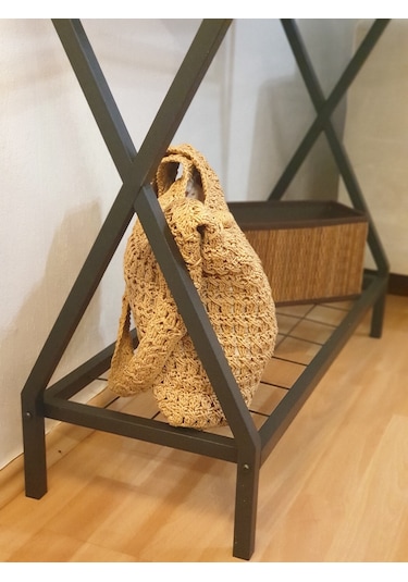 Metal Dresuar Ahşap Raflı Stand Çok Amaçlı Salon Ve Hol Rafı Siyah