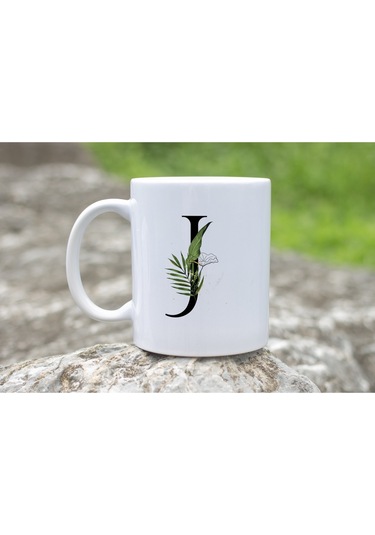 J Harf Zarif Yaprak Desenli Kupa Bardak - Naturel Sade Alfabe Harfli Bardak - Kişiye Özel Hediye Beyaz
