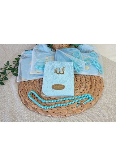 5 Adet Keseli Tesbihli İsim Baskılı Kadife Kaplı Yasin Mevlüt Kitabı Seti Hediyesi Mavi