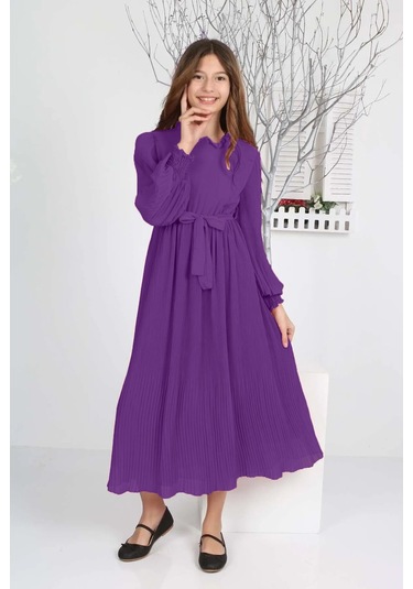 Kız Çocuk Uzun Boydan Pliseli Şifon Elbise Mor