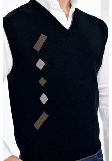 Kamalı Siyah Erkek Çelik Örgü Kışlık Kalın Triko V Yaka Triko Örgü Tüylenmez Süveter Siyah-kahve