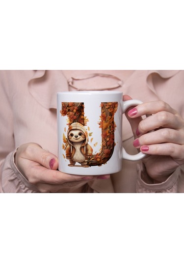 U Harf Sonbahar Yaprak Temalı Kupa Bardak - Sevimli Figürler İle Alfabe Harfli Bardak - Kişiye Özel Beyaz