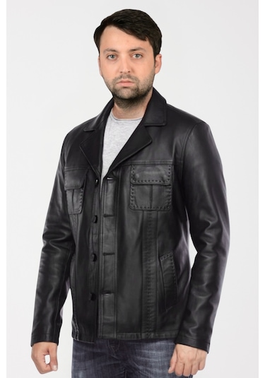 Derije Gomez Hakiki Deri Erkek Siyah Punto Dikiş Detaylı Ceket-Mont