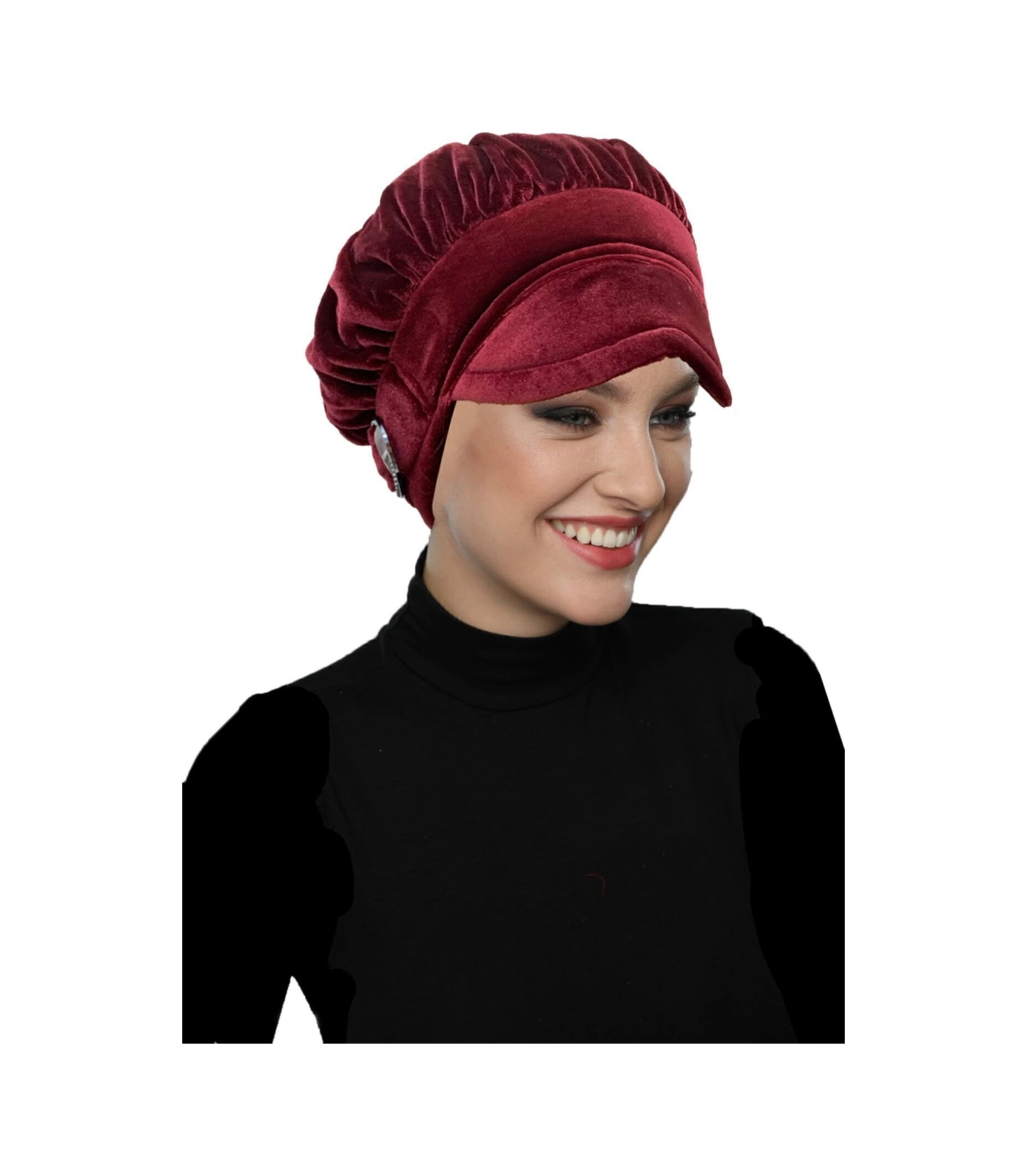 Kadife Şapka Toka Detaylı Bordo Hazır Türban Tesettür Bone Bordo