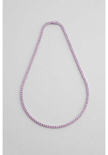 Pembe Taşlı 18 Ayar Beyaz Altın Kaplama 42 Cm Gümüş Su Yolu Kolye