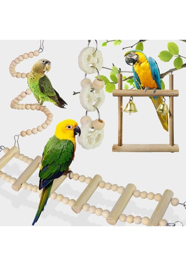 Yifomall 8 Parçalı Kuş Oyuncak Seti - Ahşap Tırmanma Merdiveni, Çiğneme Oyuncakları Ve Salıncak